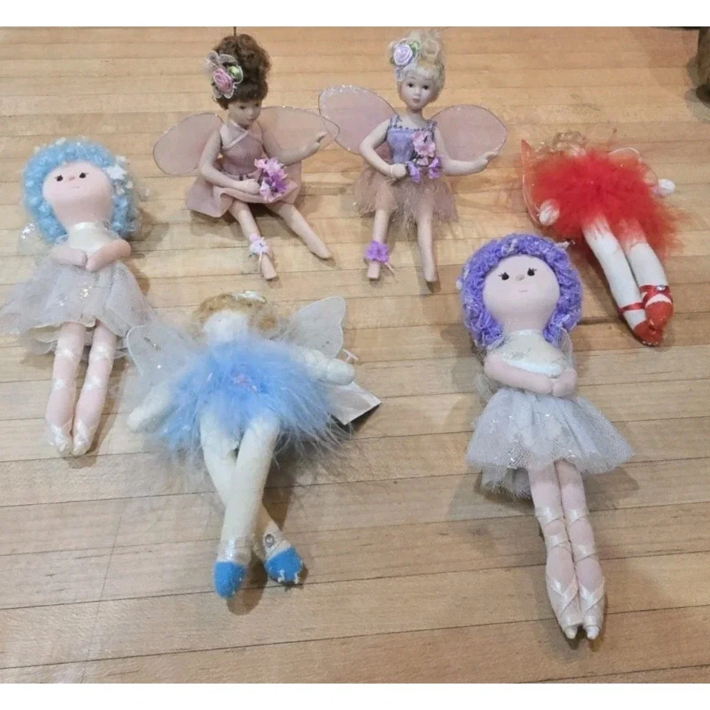 Lot Of 6 Set of 2 Porcelain Fairy VTG, 2 Glitter Ballerina, 2 Feather Ornaments‎